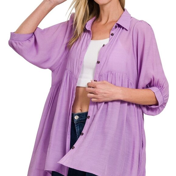 ZENANA S/M LINEN TIERED POCKETS SHIRT HI-LOW HEM BUTTON FRONT LAVENDER BLOUSE - Picture 3 of 5